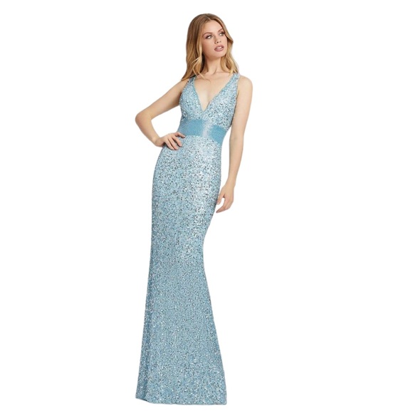 Mac Duggal Sequined Empire Waist V Neck Gold Nude Cocktail Gown flash 4930l sz 6